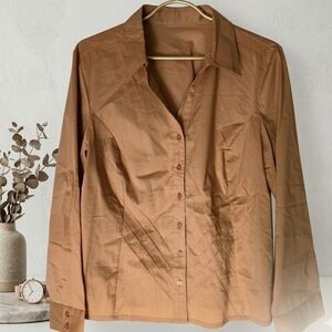 FDJ French Dressing 16 Khaki Pleated Button Down Blouse Tan Pin Tuck Stretch